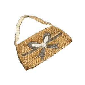 Old Vintage Purse Made in Japan Beaded Faux Pearls with Bow Ribbon Design